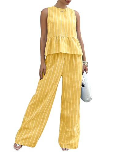 QIBABU Womens Striped 2 Piece Outfits Casual Sleeveless Backless Ruffle