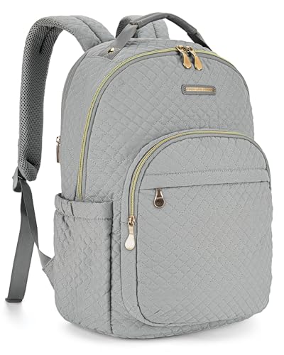 LIGHT FLIGHT Women's 15.6 Inch Anti-Theft Laptop Backpack, Quilted Grey, 17.3 x 11.5 x 6 Inches