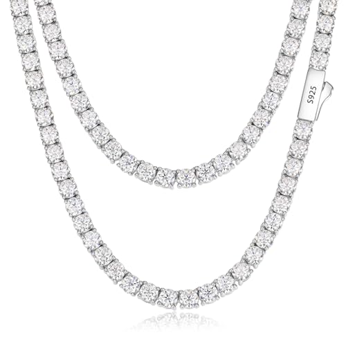 Moissanite Tennis Necklace, 12.4ct-43.8ct Lab Created Diamond Necklace for Men Women 18k White Gold Plated 925 Sterling Silver Tennis Necklace D Color VVS1 Round Cut Moissanite Necklace Chain with GRA Certificate Wedding Gifts