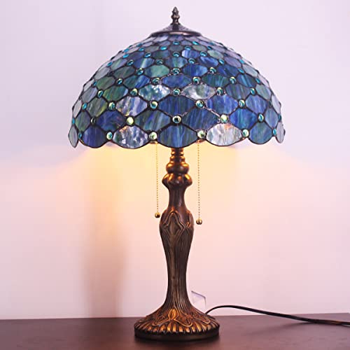 Zjart Tiffany Lamp Blue Stained Glass Peal Bead Style Reading Table Lamp W16H24 Inch Bedside Nightstand Desk Work Study Desktop Light Decor Home Kids Bedroom Living Room Office Pull Chain Switch #TOP3
