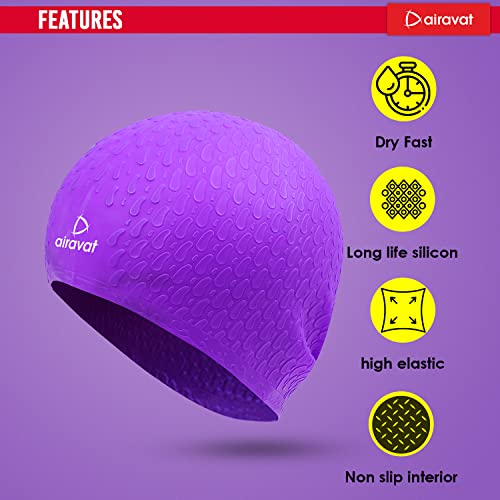 Image of Airavat Swim Bubble Cap, Silicone Swim Cap, Comfortable Bathing Cap Ideal for Curly Short Medium Long Hair, Swimming Cap for Women and Men (Purple)