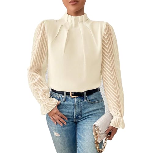 Blusa de Cuello Medio Alto para Mujer, Top Elegante de Manga Larga Plisada de Color Liso, Informal a Rayas para Mujer para IR de Compras (XXL)