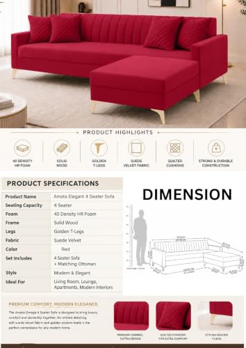 Image of AMATA Falcon 4 Seater Fabric Suede Velvet red Colour Sofa Set with Two Cushions Perfect for Home Office Guests Living Room (Falcon red 01, Falcon 4 Seater l Shape)(3 Year Warranty)