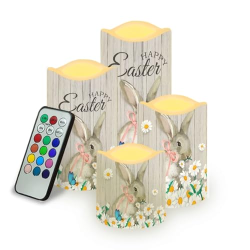 Image of Easter Bunny Daisy Plastic Flameless Candles with Remote Control and Timer LED Flickering Battery Electric Pillar Candles for Table Easter Decoration