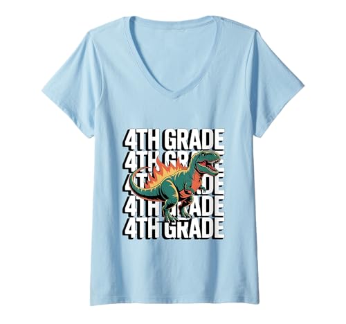 Donna 4th Grade Dinosaur T Rex Back to School for Kids Boys Girls Maglietta con Collo a V
