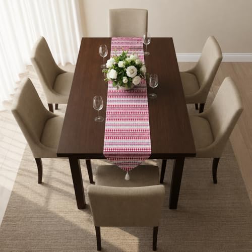 Image of STITCHNEST Woven Table Runner 13x72 Inches | Pink Geometric Design | Tassel Finish | Modern Dining Table Decor