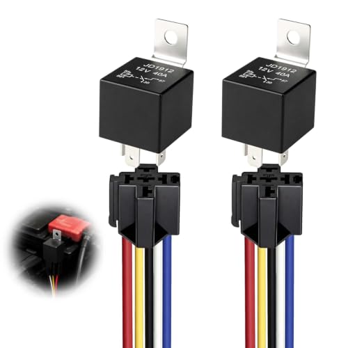 2 Piezas Relé Coche 12V 40A JD1912, Arnés Relé 4 Pines SPST con Zócalo 12 AWG, Relé Automotriz para Automóvil, Camión, Furgoneta, Motocicleta y Barco, Conmutación Segura para Accesorios Eléctricos