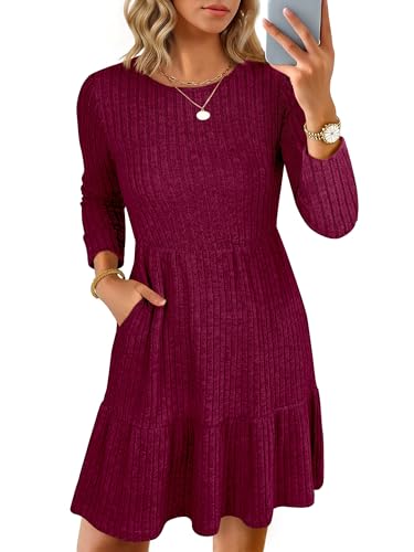 ANRABESS Womens Long Sleeve 2025 Fall Short Dress Casual Ribbed Knit Crewneck Flowy A Line Mini Sweater Dresses with Pockets Burgundy Large