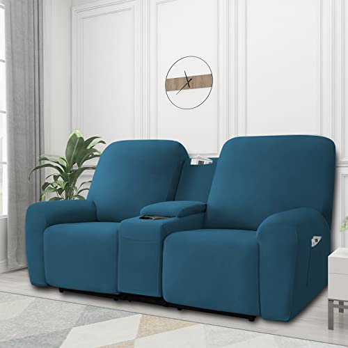 Image of Easy-Going Stretch Recliner Loveseat Cover with Center Console Sofa Slipcover Soft Fitted Fleece 2 Seats Couch with Holder and Storage Washable Furniture Protector Peacock Blue