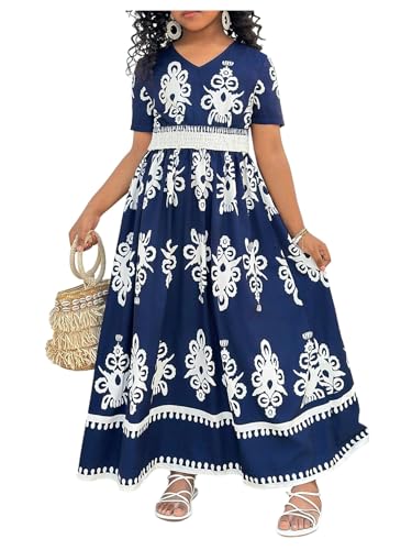 GORGLITTER Girl's Boho Maxi Dress Graphic Short Sleeve V Neck Flowy A Line Cute Fall Long Dresses