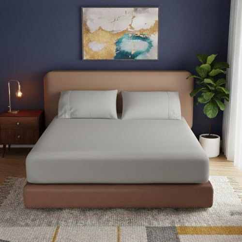Image of 400TC 100% Egyptian Cotton King Size Fitted Bedsheet (72 x 78 inch) | All-Round Elastic | Fits Upto 12 inch Mattress | Soft & Durable | with 2 Pillow Cover | Light Grey Solid Bedsheet Set