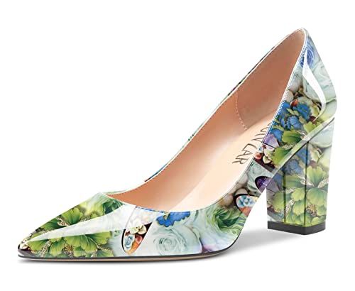 HEUIVZAR Women Pumps Pointed Toe Block Chunky Mid Heel Slip-on Dress Shoes Patent 3 Inch