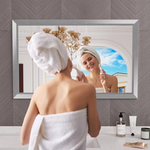 Amorho 48x30 Inch Bathroom Mirror Silver, Thick Metal Framed Wall Mirrors for Over Sink, Brushed Nickel Mirror Perfect for Bedroom, Living Room, Entryway, Rectangle (Horizontal/Vertical).