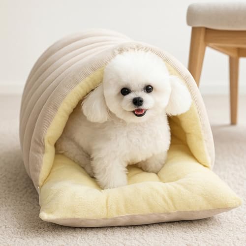 Winterhöhle, Gemütliches Monster-Katzenbett, Warme, Gemütliche Plüsch-Haustierhöhle, Weicher, Geschlossener Haustierschlafsack, Katzenbett Aus Cord-Tunnelzelt, Abnehmbar, Waschbar (Beige, S)