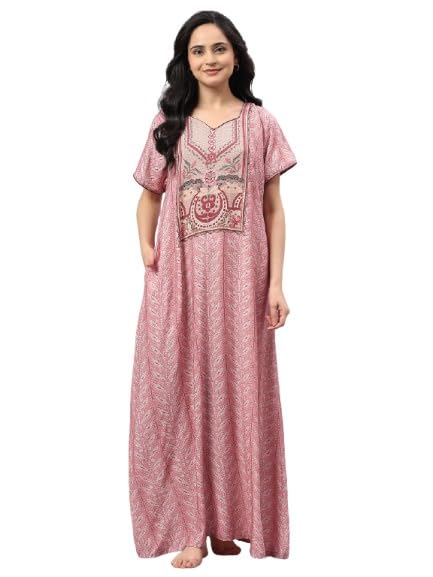 Women’s Printed Cotton Blend Rayon Nighty with Pocket | Regular Fit | Short Sleeves | Soft & Comfortable Sleepwear-image-47