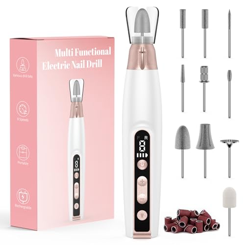 Ponceuse à ongles électrique sans fil pour ongles en gel, jusqu'à 10000 tr/min, 9 vitesses réglables, 10 embouts de soin des ongles de haute qualité, kit de pédicure (White)
