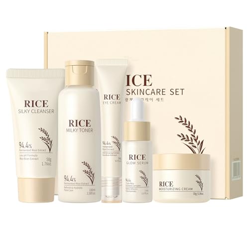 Rice Skincare Set, 5-Piece Hydrating & Moisturizing Routine Facial Care Kit with Cleanser, Toner, Serum, Eye Cream & Moisturizer, Lock Moisture, Boost Elasticity & Nourish Skin for Dry Skin
