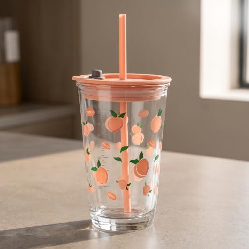 Image of Allo Reusable Glass Mug Sipper Tumbler with Straw, Unique 2 in 1 ANTI Spill Lid | Microwave Safe Leakproof Glass with Anti-Slip Grip for Hot & Cold Coffee| Car, Office, Travel use | 450ml (Pink Peach)