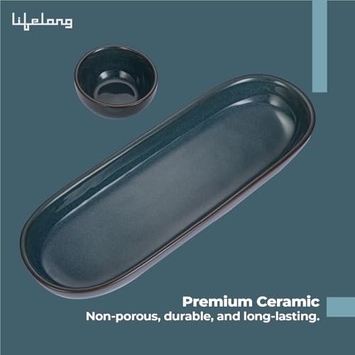 Image of Lifelong Ceramic Serving Platter with Dip Bowl | Stylish Snack Plate Set for Serving French Fries, Pasta, Momos, Nachos & More | Elegant Ceramic Serveware with Chutney & Dip Bowl (LLCRMCB01, Blue)