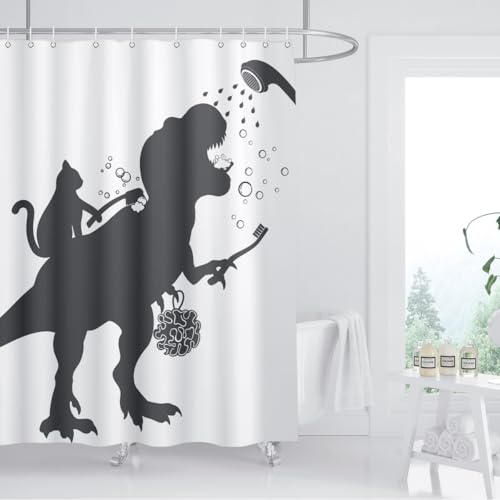 Image of Cat Dinosaur Shower Curtain Funny Cartoon Cat Dino Bathe for Kids Boys Trex Silhouette Shadow Black White Design Artwork Bathroom Decor Waterproof Fabric 72Lx72W Inch with Hooks