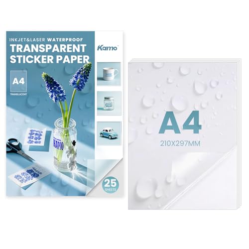 kamo Premium Carta Adesiva Semi-Trasparente Impermeabile – 25 fogli, Etichette Autoadesive in Vinile stampabili per stampanti laser e inkjet, A4, 210 x 297 mm, 1 Adesivo per Foglio