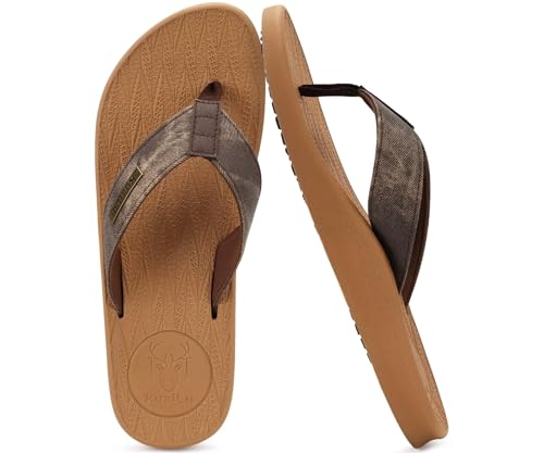 KuaiLu Mens Flip Flops Arch Support Comfortable Cushion Memory Foam Recovery Walking Waterproof Leather Thong Sandals Orthotic Plantar Fasciitis Summer Casual Beach Pool Slip on Slippers All Khaki 10