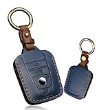 KUNIO Car Key Fob Cover Fit for BMW 2014 2019 I3 I8 Key Protective Cover Keychain Key chain Leather Key Holder 4 Buttons Blue