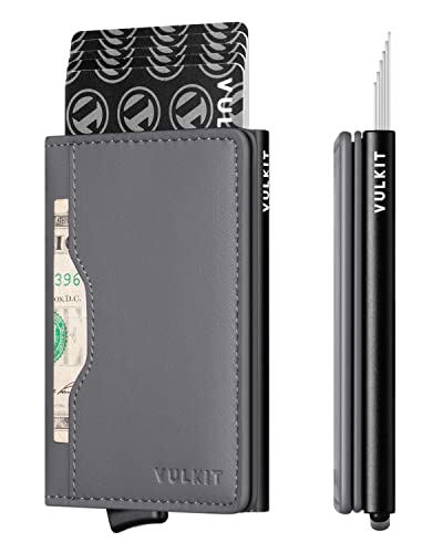 Image of VULKIT Pop up Wallet Credit Card Holder with Leather Slots RFID Blocking Metlal Bank Card Case for Men or Women(Iron Grey)