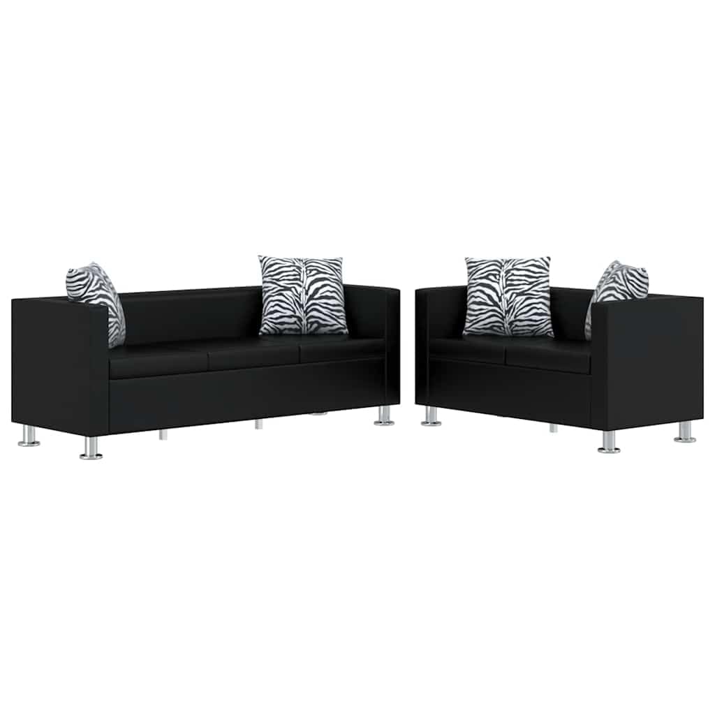 Zestaw sofy ze sztucznej skóry w kolorze czarnym, z 3-osobową i 2-osobową, tapicerowany z drewnianą ramą, 170 x 62,5 x 63 cm i 120 x 62,5 x 63 cm, wygodny i nie zajmuje dużo miejsca, do