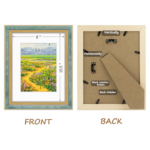 Image of Golden State Art,8.5x11 Ornate Picture Frame Holds 6x8 Photo,Blue Gold | Includes plexiglass front,white mat,easel stand,build-in hangers and buttons.Displays 6x8 photo on wall or tabletop