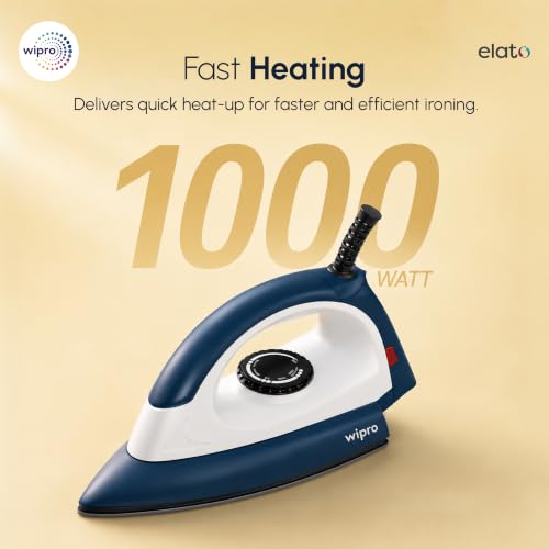Image of Wipro Elato GD 104 Glide Automatic Electric Dry Iron 1000 Watt With LED Indicator | Anti Bacterial German Teflon Coated Soleplate | Temperature Control | Quick Heat Up - 1000 Watts, White with Blue.