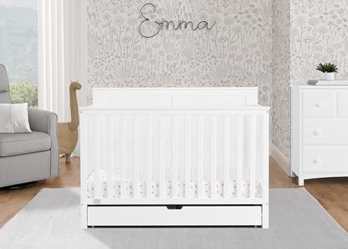 Image of Simmons Kids Logan 6-in-1 Convertible Crib with Underdrawer - Greenguard Gold Certified, Bianca White + Simmons Kids Silver Nights Dual Sided 2-Stage Antimicrobial Baby Crib Mattress (Bundle)
