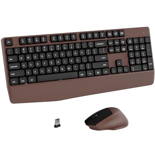 Links9+ Ergonomic Wireless Keyboard and Mouse Combo with Wrist Rest Full-Sized 104-Key Plug and Play USB Receiver BK Chipset Compatible with PC/Laptop/Desktop for Office Home Use(Coffee)