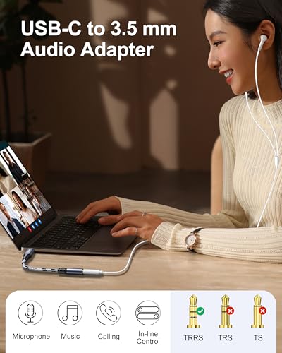 USB C to 3.5mm Audio Adapter - USB C Headphone Adapter Compatible with iPhone 16/15 Pro Max/15 Pro/15, Samsung Galaxy S24/S23/S22/S21 Ultra, iPad Pro, Pixel 8