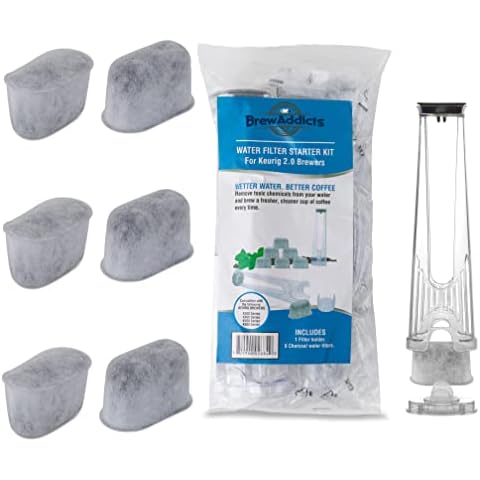 Brew Addicts Water Filter Starter Kit Replacement for Keurig 2.0 Coffee Makers – 6 Charcoal Filters & 1 Filter Holder Cover