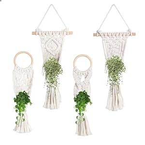 Kotkiddy 4 stuks macramé bloemenhangers, boho, decoratief katoenen touw, hanglamp, bloempot, plantenhouder, hanger voor binnen en buiten, plafond, balkon, wanddecoratie (beige)