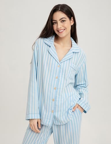 Image of Womens Muslin Pajama Set 100% Cotton Double Gauze Linen Like | Breathable Soft Comfort Button Up Loungewear Sleepwear PJ Set