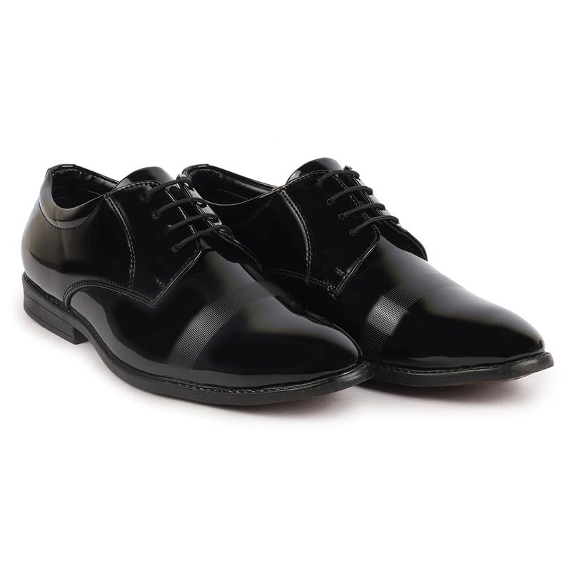 Image of FAUSTO Men's Patent Leather Party Formal Textured Strip Lace Up Shoes