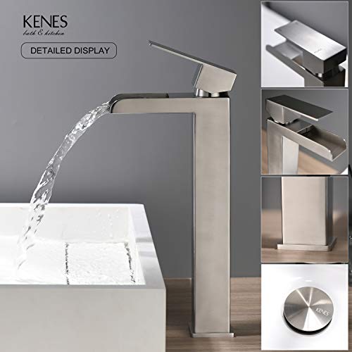 Kenes Tall Bathroom Vessel Sink Faucet, Brushed Nickel Tall Waterfall Bathroom Faucet, Single Handle Waterfall Bathroom Faucet Lavatory Vanity Faucet With Pop Up Drain & Water Supply Hoses Lj-9035A #TOP6