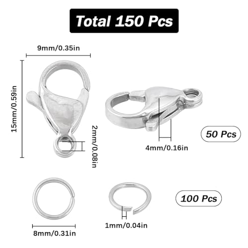 SUNNYCLUE 1 Box 150Pcs Stainless Steel Lobster Clasps Open Jump Rings 50Pcs 15x9mm Jewellery Clasp Connector Bracelet Clips Closures 100Pcs 8mm Jump Rings Lobster Claw for Jewellery Making - Image 2