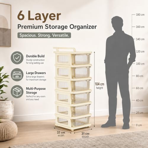 Image of Heavy Duty Plastic Storage Drawer with Wheels | Modular Cabinet for Bedroom, Office, Home or Classroom| Chest of Drawers Organiser for Cosmetics, Kitchen items, Toys (White Transparent, 6)