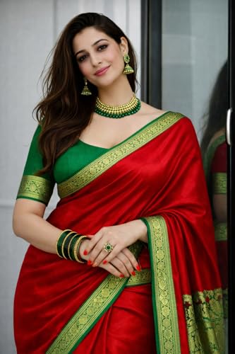Image of Women's Glory Banarasi Satin Silk Saree with Rich Zari Woven Border & Pallu | Soft Glossy Party Fancy Traditional Saree for Wedding, Festive, Function | Blouse Piece Included