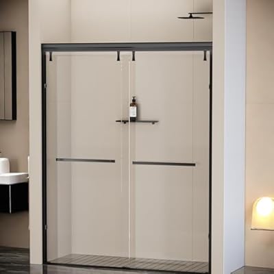 ChicFurnit 44-48 in. W x 76 in. H Semi-Frameless Double Sliding Shower Door in Matte Black,8 MM Clear Tempered Glass Shower Door with Explosion-Proof Film,Bath Door