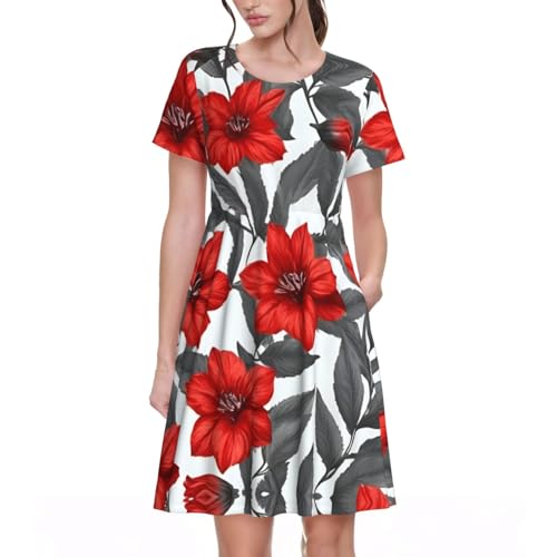 Rote Blumen und Blätter, stilvolles Damenkleid, Sommerkleid mit Taschen, lässiger Rundhalsausschnitt, kurzärmeliges Kleid, Schwarz, Groß