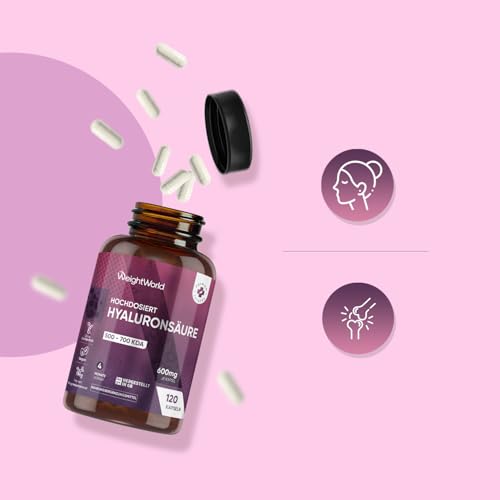 Hyaluron Kapseln - 600mg pro Kapsel - 120 vegane Hyaluronic Acid Capsules - 4 Monate Vorrat - Molekülgröße (500-700 KDA) - Hyaluronsäure Kapseln - Frei von Magnesiumstearat - WeightWorld