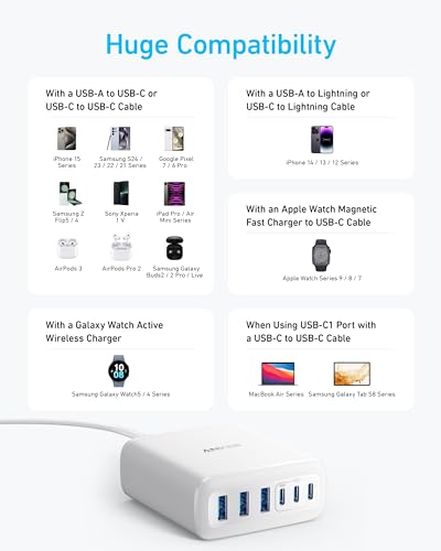 Caricatore USB C 112W, Stazione di Ricarica a 6 Porte con Uscita da 112 W, per iPhone 17 Pro Max Air/Serie 16-12, Samsung S25 Ultra, MacBook Air, Pixel, iPad e altri modelli (cavo non incluso) - Hub USB - Immagine 5