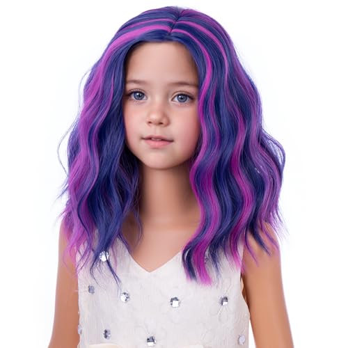 Image of PATTNIUM Kids Pink Blue and Purple Wig Girl Short Blue Wave Curly Wig Children Side Part Bob Wigs Synthetic Cosplay Party Hair