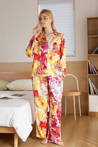 Image of YiNi LuLu Womens Silk Satin Pajamas Set Button Down 2 Piece Pjs Long Sleeve Oversized Sleepwear with Pockets