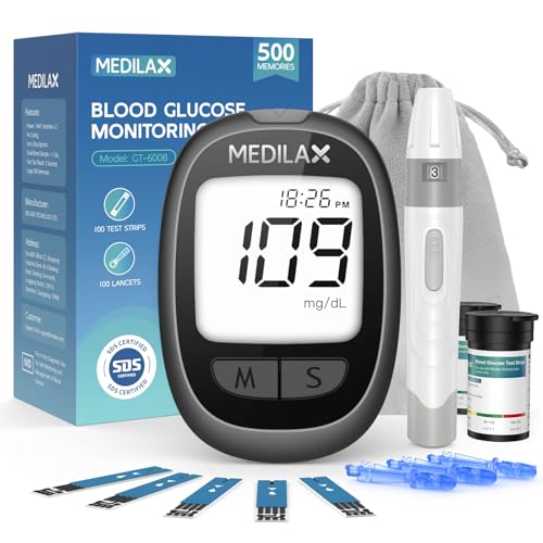 Medilax Blood Glucose Monitor Kit, 100 Test Strips & 100 Lancets Blood Sugar Testing Kit with...