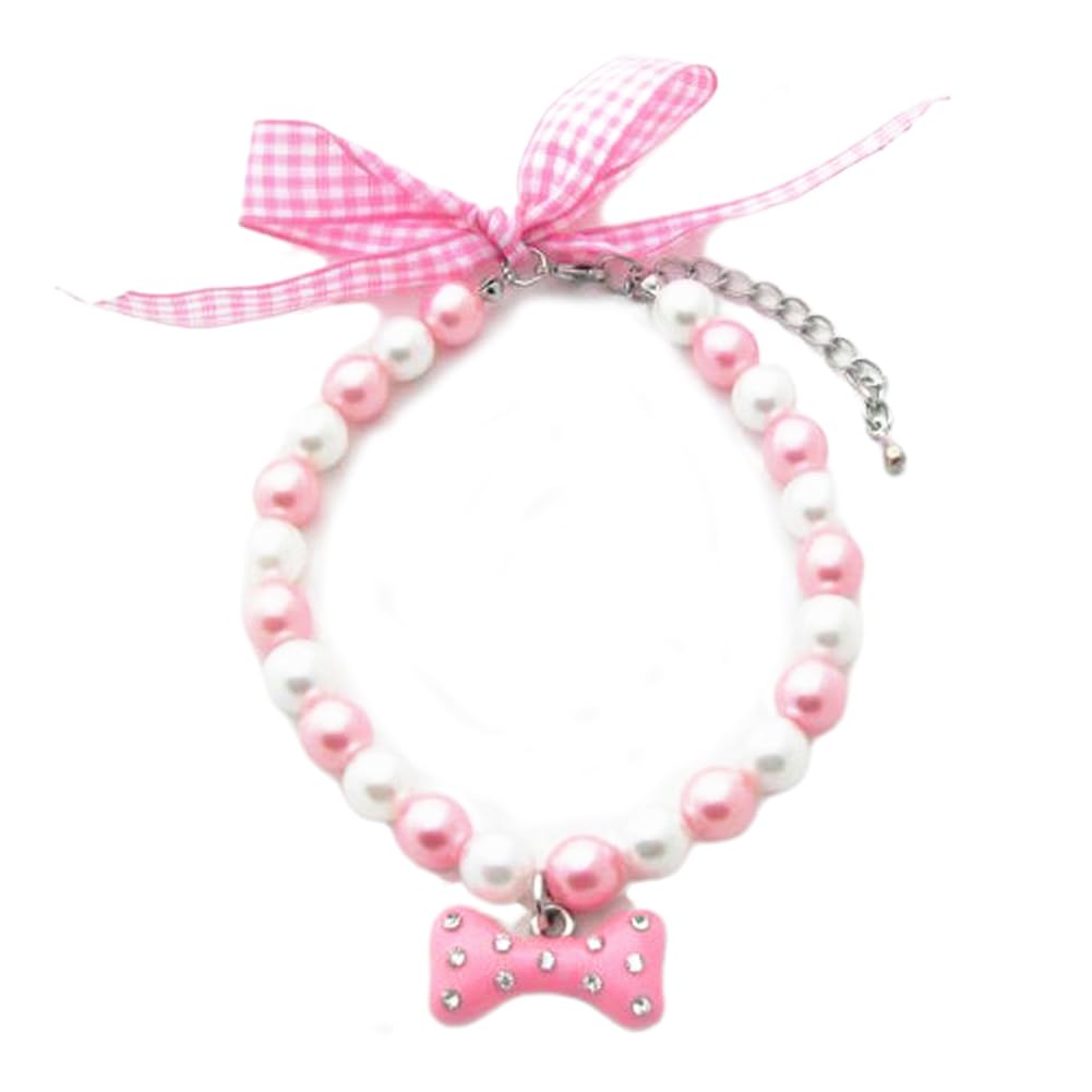 PetFavorites Necklace with Bling Pearls Rhinestones Bone Charm for Pets, 8-Inch, Pink